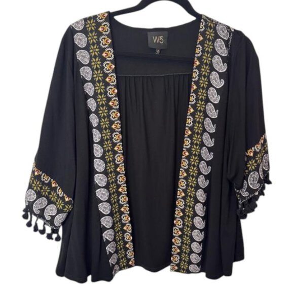 Anthropologie W5 black open front fringed kimono sleeve cardigan size M - Picture 2 of 8